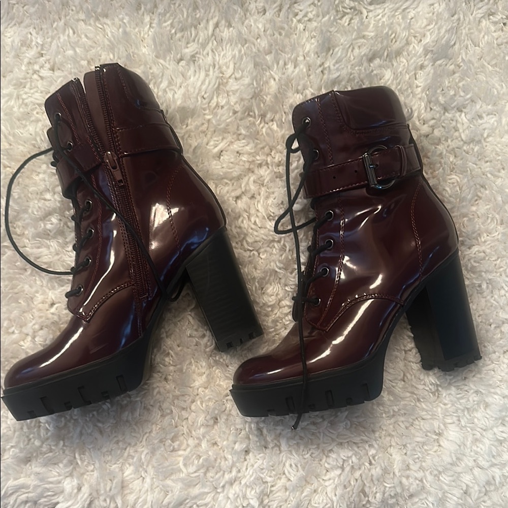 Forever 21 Burgundy Lace Up Boots with Chunky Heel
